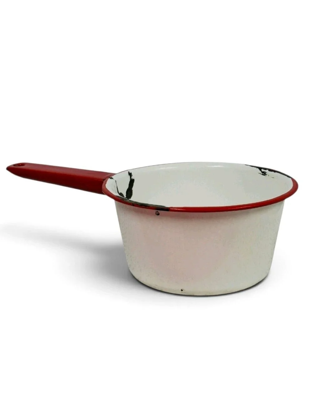 Vintage Red White Enamelware Saucepan Cookware Farmhouse Kitchen Collectible